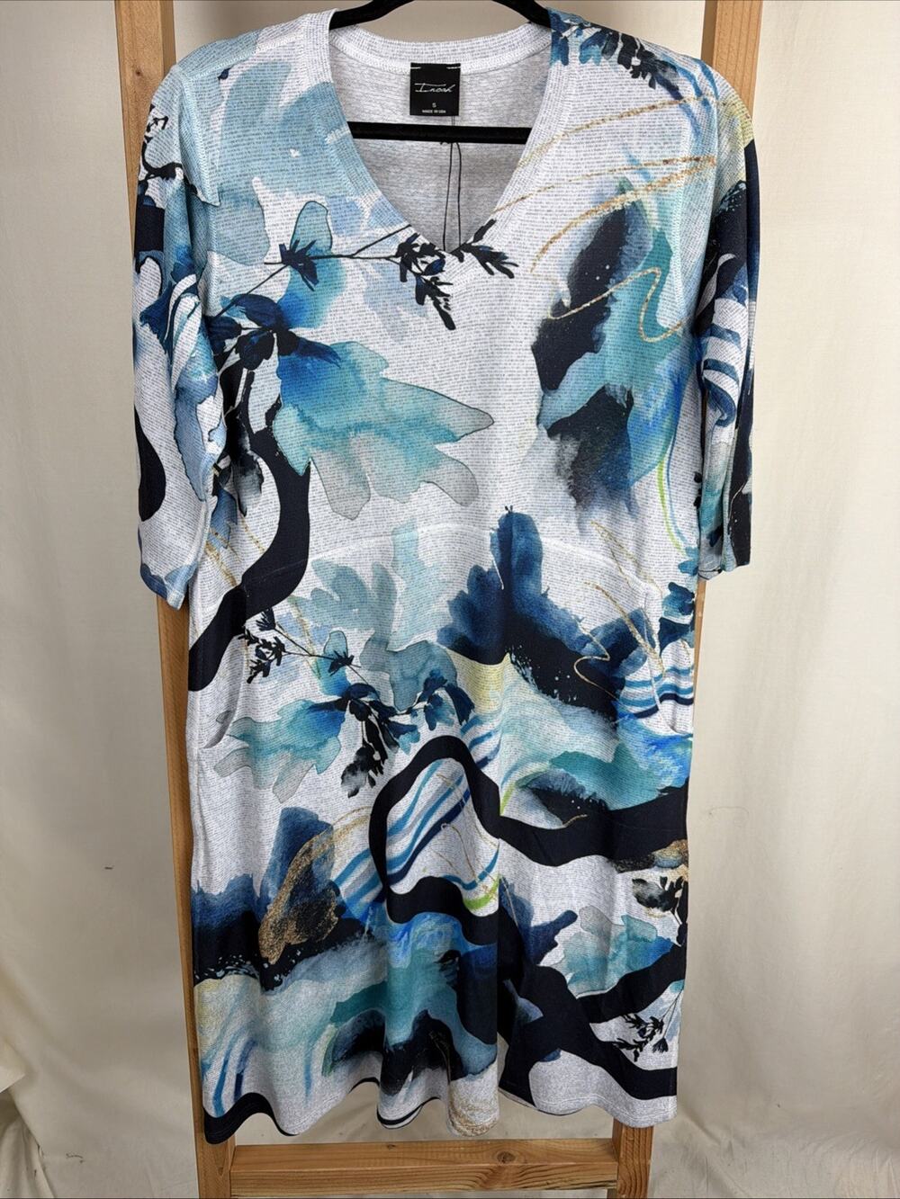 NWT Inoah Multicolor V Neck Front Pockets Art to Wear Dress #1130 SMALL